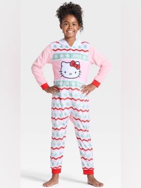 Hello Kitty Pink, Red & Mint Hooded Kids One-Piece Pajama Set